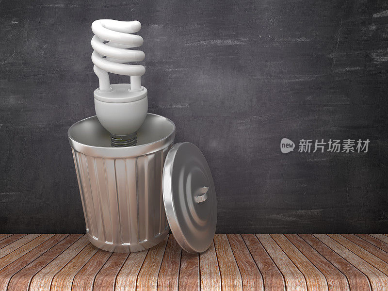 垃圾桶与能源效率灯泡在黑板背景- 3D渲染